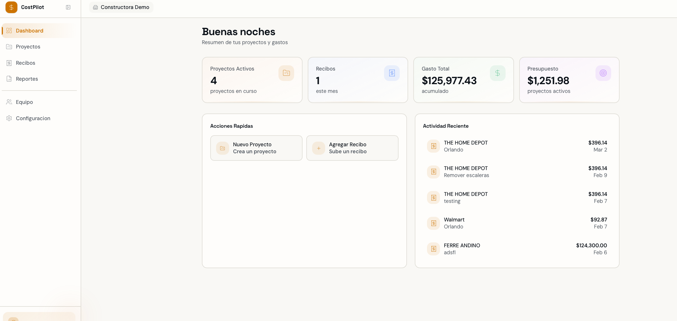 CostPilot dashboard with project summary cards, quick actions, and recent activity.